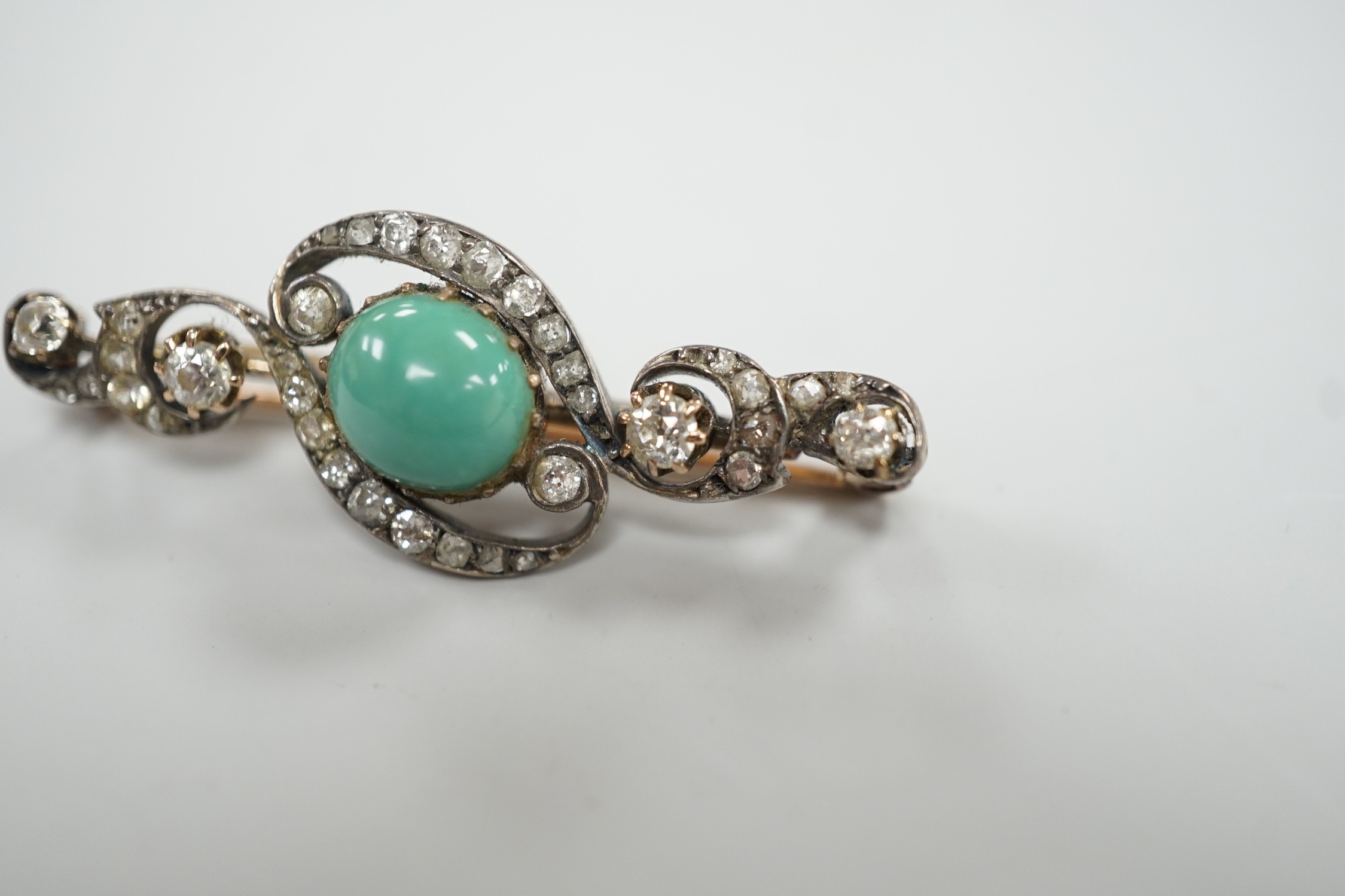 A Victorian yellow metal, turquoise and diamond cluster set bar brooch, 40mm, gross weight , 4.9 grams.